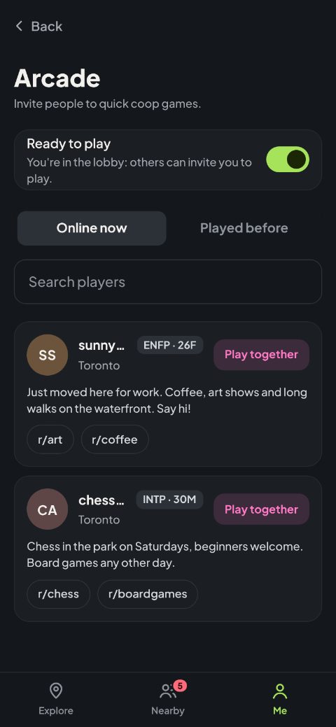 The Arcade: people ready to play, each with a Play together button
