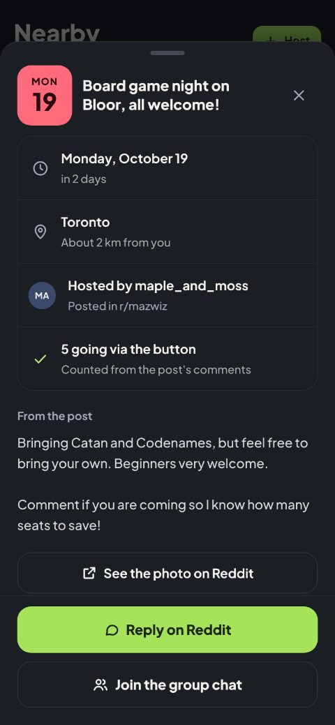 A hangout: a board game night in Toronto, with its date, its host and 5 people going