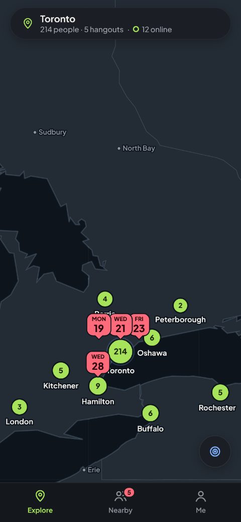 The Explore tab: a map around Toronto with the number of people in each city and the hangouts coming up