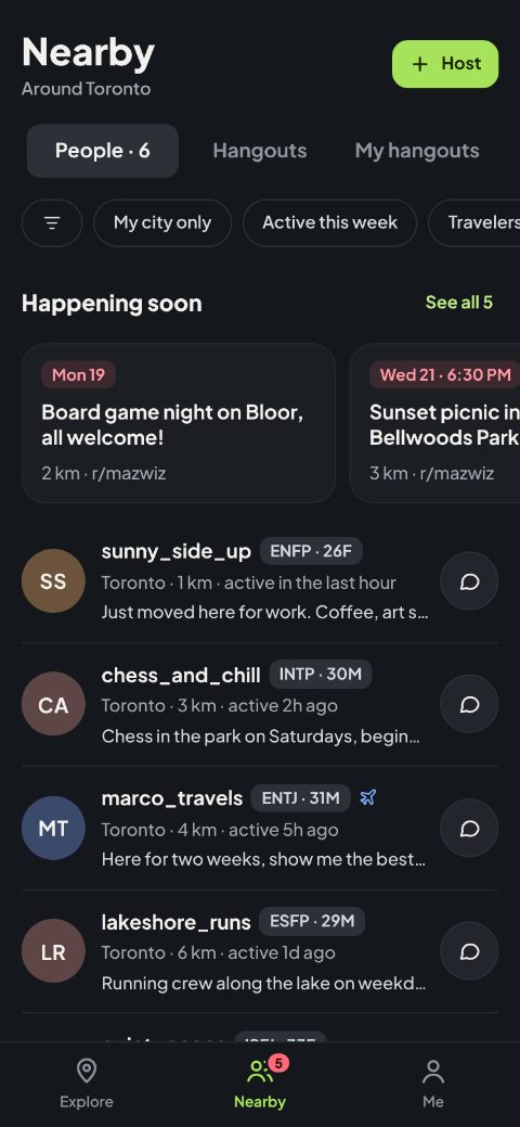 The Nearby tab: hangouts happening soon, then people near Toronto, each with a type such as ENFP or INTP