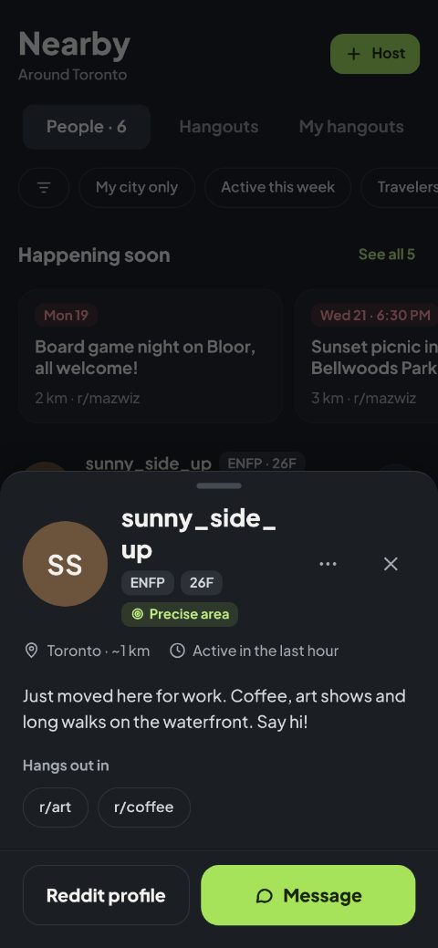 A profile: an ENFP in Toronto, active in the last hour, with a Message button